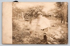 Vintage RPPC Young Boy Garden Rustic Scene Real Photo Postcard c1910s picture