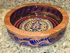 Rare Mexican Vintage Country Wood Hand Painted Bowl 12'' 90's  picture