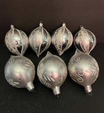 Vtg large glass teardrop Christmas ornaments silver and white glitter accent7 pc picture