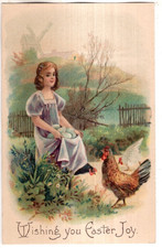 ANTIQUE EMBOSSED EASTER Postcard     YOUNG GIRL HOLDING EGGS IN HER SKIRT, HEN picture