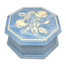 Vintage Blue Incolay Trinket Box Octagonal w Two White Roses Carved Rims         picture