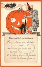 Halloween witch and jack-o'-lantern c1910s RARE CARD Publisher? Postcard bhn picture