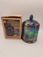 VTG Indiana Iridescent Blue Carnival Glass Harvest Grape Candy Jar New In Box picture