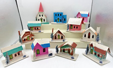 12 Vintage Putz Paper Cardboard Village Houses  Church Made in Japan 1950s picture