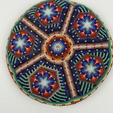 Wixárika Huichol Beaded Wood Bowl Plaque Mexican Folk Art 6” Seed Bead picture