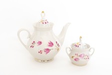 VINTAGE HAND PAINTED PINK FLORAL & GOLD TRIM PORCELAIN COFFEE POT & SUGAR BOWL picture