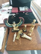 Vintage Lot Of 4 Egyptian Figurines Winged God ISIS, Seated Pharoh, Cat, Anubias picture