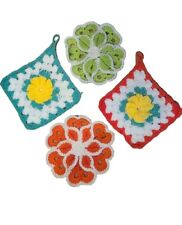 Vintage Handmade Crochet Hot Pad Potholder 3D Flowers Set Of 4 picture