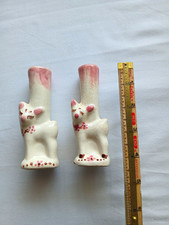 Ceramic Hand Painted Glossy Lamb Mini Vases Set of 2 White Pink 5in picture