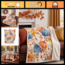 Fall Pumpkins Throw Blanket, Autumn Orange White Blue Pumpkins Leaves and Berrie picture