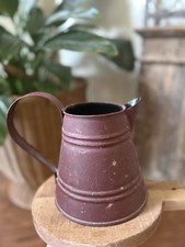 Distressed Burgundy Metal Pitcher Featuring Horizontal Ridged Accent Bands 6” picture