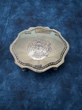 Vintage Silver Tone British Royal Crest Jewelry Trinket Box Red Velvet Lion Feet picture