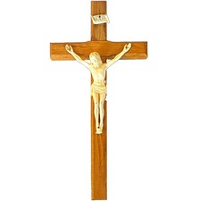 Antique 1920’s Oak Crucifix Wall Cross with Jesus Corpus INRI Plaque 13”x 6.5” picture
