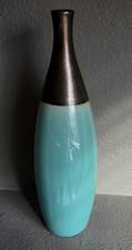 Vtg Pier 1 Turquoise Teal Green Bronze Metallic Ceramic Crackle Bottle Vase 13