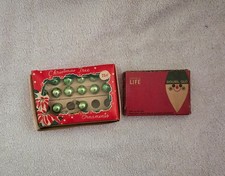 Vintage Tiny Green Christmas Ornaments Original Box & Life Doubl Glo Hooks picture