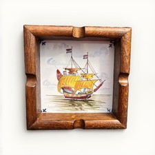 Vtg Westraven Utrecht Hand Painted Dutch Ship Ceramic Tile Wooden Ashtray Signed picture