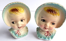 Vintage Girl Blue Bonnet Salt Pepper Shakers 1950s Head Vase Pink Cupid Bow Lips picture