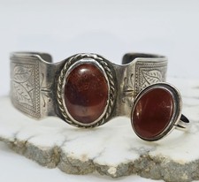 Old Native American Sterling Silver & Red Jasper Bracelet + Ring Set - Vintage picture