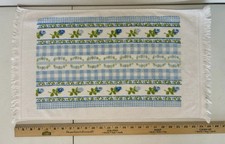 Vintage Sears Drylon Hand Towel Blue Gingham Green Flower Granny Cottage Fringe picture