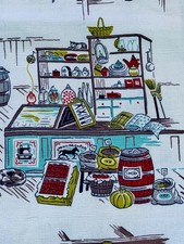 50s General Store Apothecary Kitsch Mid Century Novelty Barkcloth Vintage Fabric picture