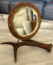 Ornate Antique Victorian Round Tabletop Antler Beveled Mirror On Stand picture