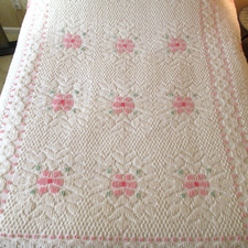 Vintage JC Penney Chenille Bedspread 93x102” Floral Pink White Green Fringe F/Q picture