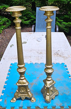 Late Victorian Pair of Antique 1890 Tall Gold Pillar Cast Iron Candle Holders picture
