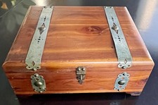 Antique 1940s Wooden Cedar Keepsake Box With Decorative Metal Straps picture