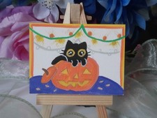 ACEO Original Cute Pumpkin Carving Cat 2.5