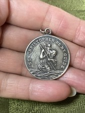 ANTIQUE Vtg Large Size 925 St Christopher Lords Prayer Catholic Pendant Sterling picture