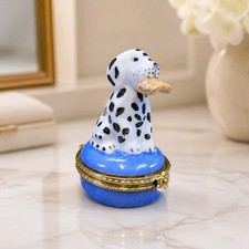 Limoges Dalmatian Puppy with Item in Mouth Sitting on Blue Trinket Box WHIMSICAL picture