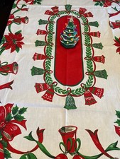 FESTIVE  TRUE VINTAGE MCM PRINT CHRISTMAS TABLECLOTH-BELLS,POINTSETTIAS ETC. picture