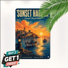 Harbor Sunset Sailboat Marina Tin Sign 8x12 Ocean Coastal Pier Metal Art picture