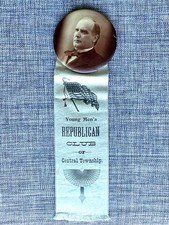 1896 William McKinley 2 1/8” Sepia Photo Cello Button W/Blue Ribbon 7 1/2”L picture