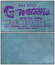 WATSONS CUSTOM AUTO PAINTING BUSINESS CARD - GREY/PURPLE - VINTAGE REPRINT picture