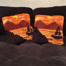 Vtg 70s Latch Hook Pillows Pair Shag Sunset Sailboat Crochet Back MCM Orange Set picture