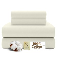 SUPREME ELEGANCE 4 Pc 100% Cotton King Size Sheets Set, Fresh Ivory, Percale ... picture