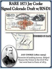 Rare 1873 Jay Cooke Signed Colorado Draft w/RN-D1 picture