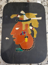 Vintage 1973 Raul Mexican Maya King Palenque Copper Enamel Wall Plaque picture