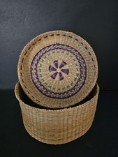 Vintage PNW Native American Makah Lidded Basket Cedar Starburst Pattern  picture