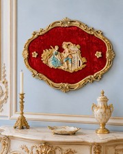 Empire Italy 1960s Wall Plaque Courting Couple Mandolin Rococo Red Velvet 20x15