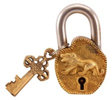 Antique Vintage Style Loin Design Brass Security Lock With 2 Keys. picture