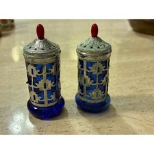 Vintage Cobalt Blue Glass Salt Pepper Shakers Silver Filigree Red Finial Fair picture
