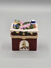 Vtg Porcelain Hinged Cottage Firelace Trinket Box Flowers Gift Gold Trim Storage picture