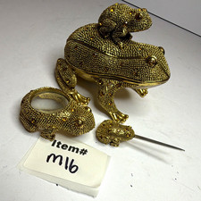 Vintage Bombay Company Brass Frog 3 Pc Desk Set Jeweled Trinket Box Letter Opene picture