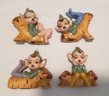 Set of 4 Vintage MCM Elves Figurines Holiday Sprite Elf on Log picture