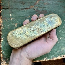 Antique 18th Century Dutch Brass Tobacco Box Intricately Engraved Figural Lovers picture
