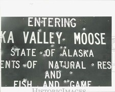 1987 Press Photo Sign with Bullet Holes Near Buffalo Mine Road, Glen Highway picture