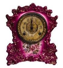 Antique 1800s Ansonia Porcelain Mantle Clock Fully Serviced Key And Pendulum picture