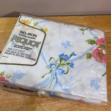 Vtg Pequot Twin Flat Sheet Floral Butterfly Blue Ribbon No-Iron Muslin USA NIP picture
